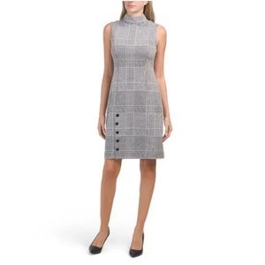 Sharagano Houndstooth Mock Neck Sleeveless knee length Dress Black and White